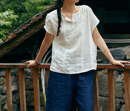 edoa High Count French Linen Short Sleeve Top
