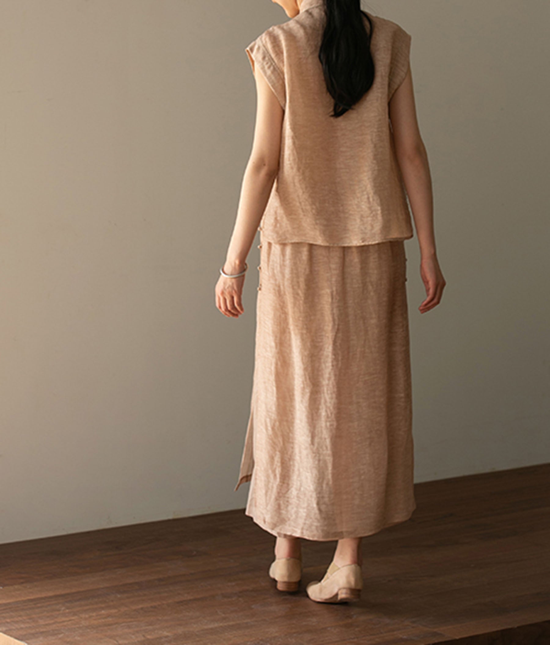 edoa Hand-pintucked Distressed Linen Rayon Blend Pen Skirt 
