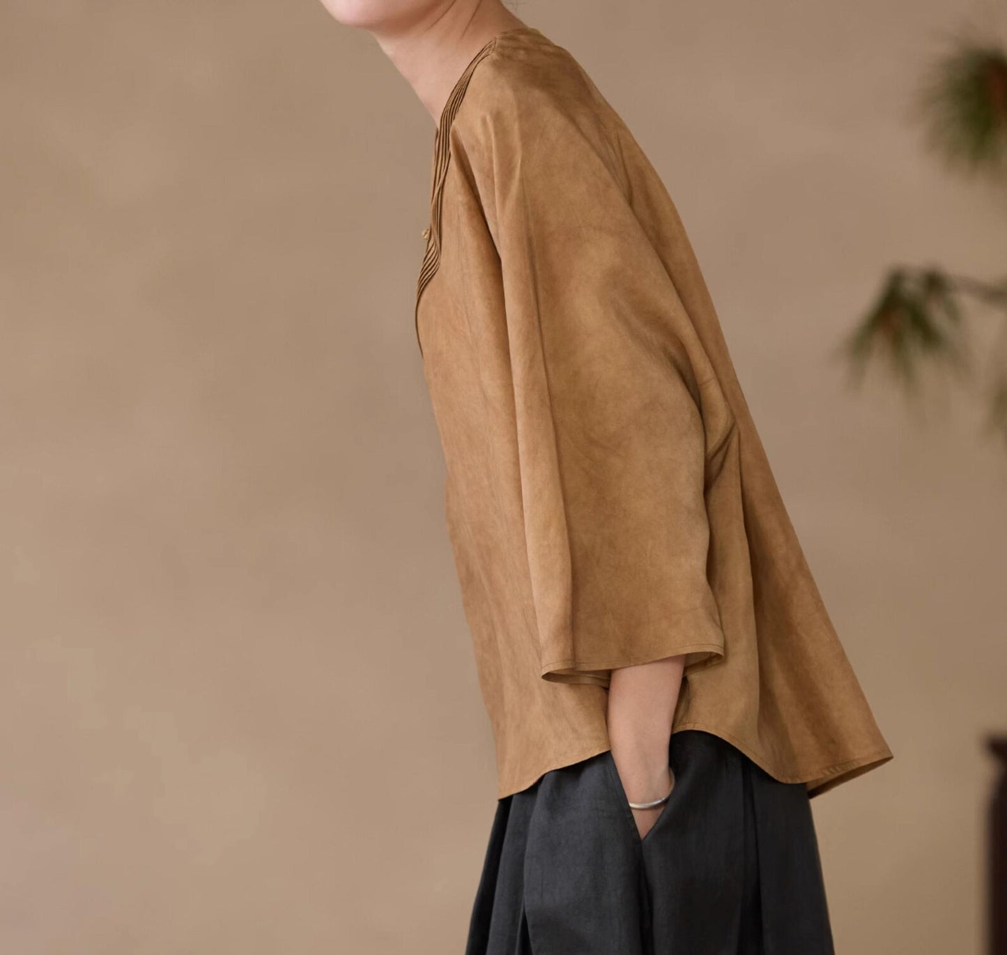 edoa Distressed Plant Dye Silk Charmeuse Chinese Blouse