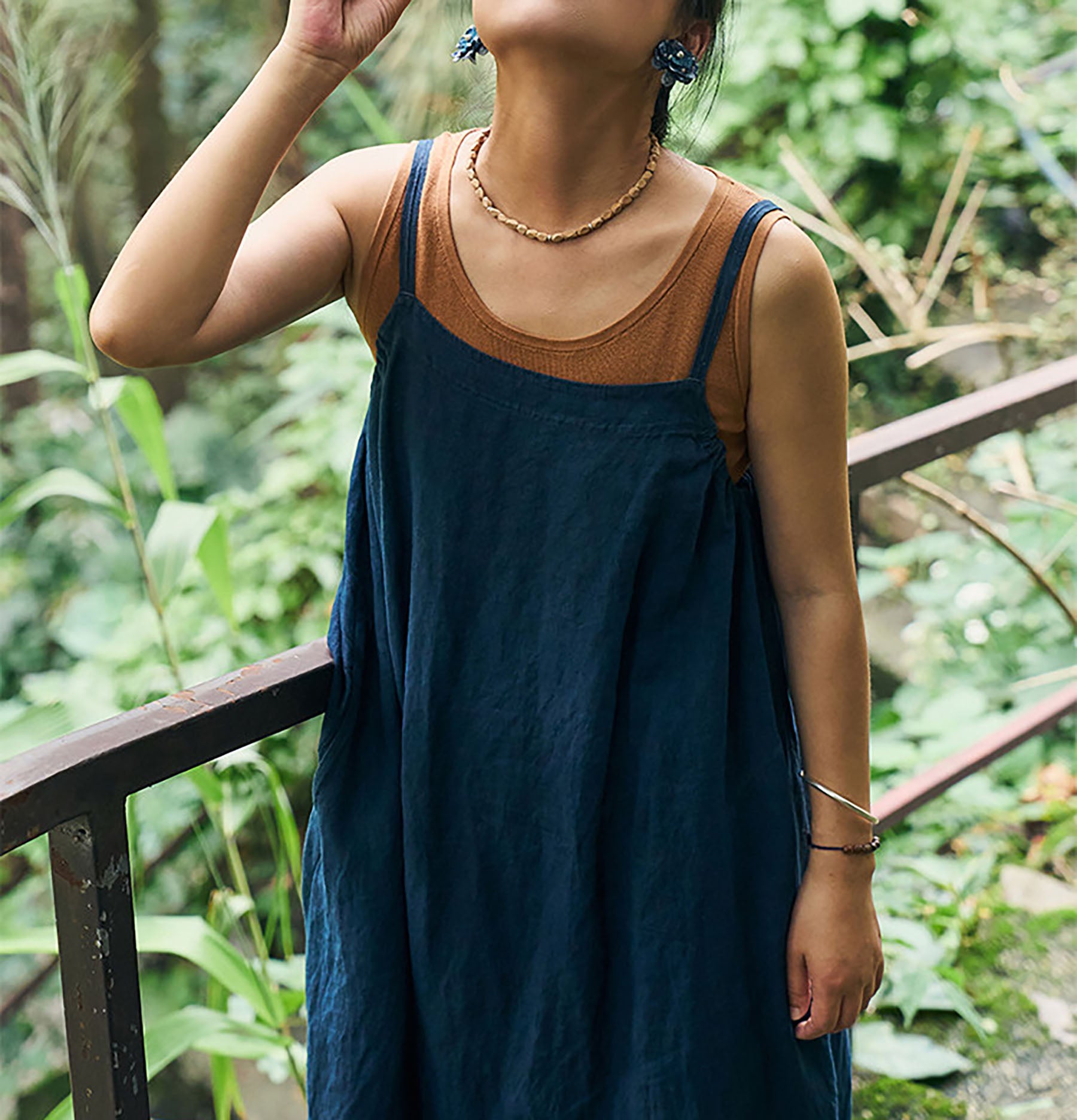 edoa Indigo Blue Linen Cocoon Shape Overall Dress