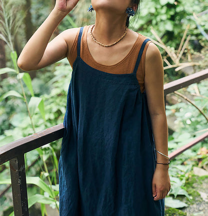 edoa Indigo Blue Linen Cocoon Shape Overall Dress