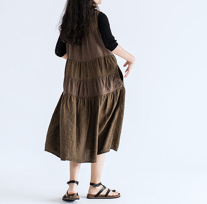 edoa Brown Two-tone Linen Tired Midi Dress