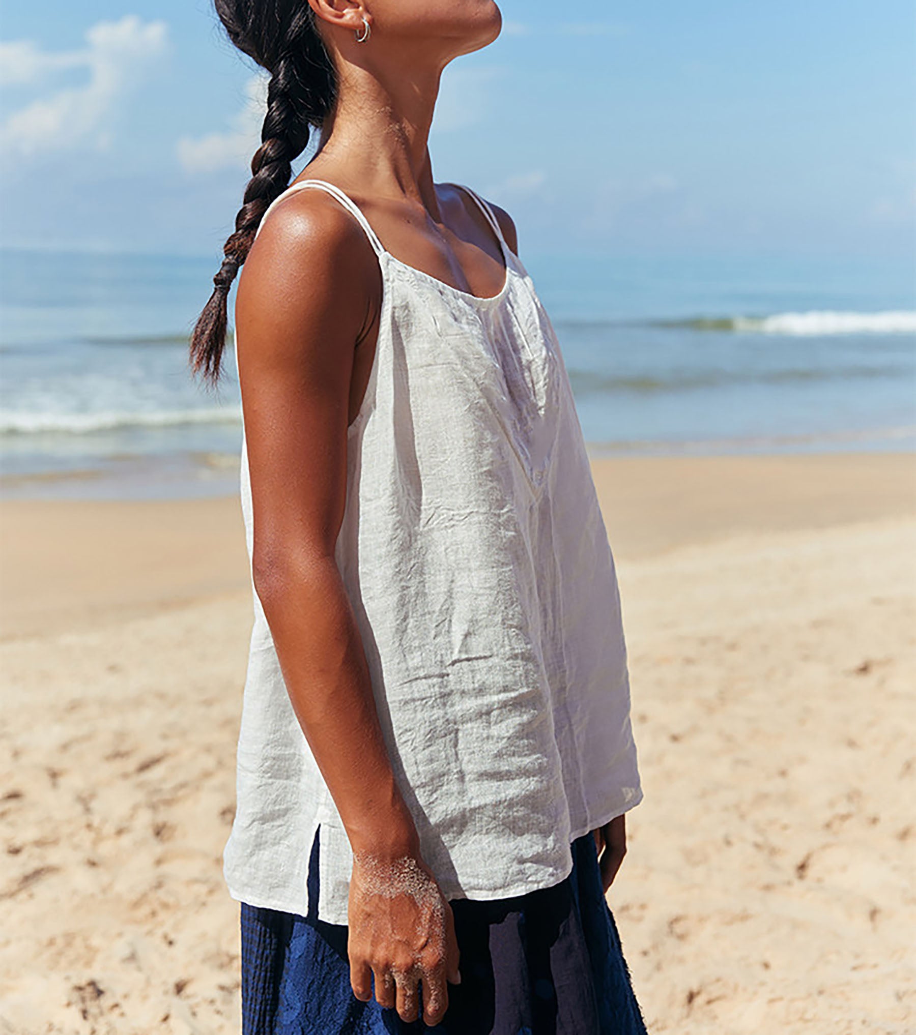 edoa Thin Linen Twin-Strap Cami Top with Pintucks