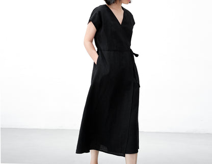 edoa V neck Linen Wrap Dress
