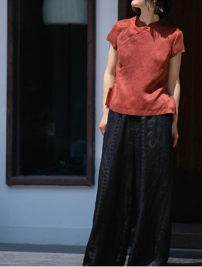 edoa Cracked Mud Silk Chinese Blouse with Wing Slits