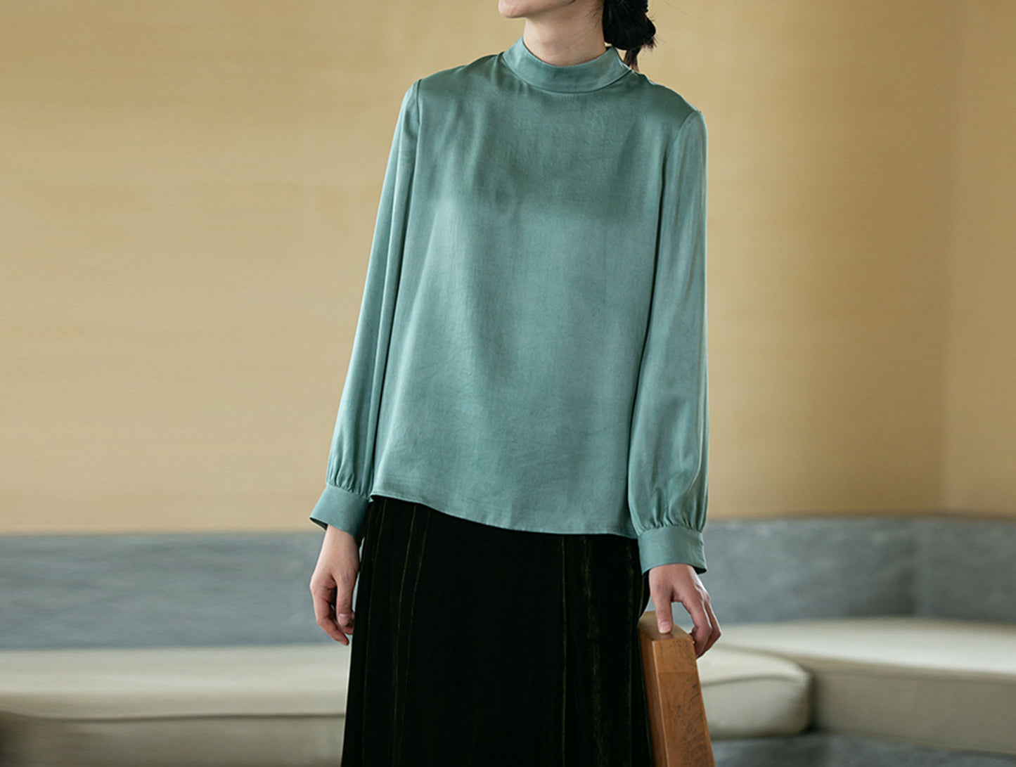 edoa Silk Satin High Collar Blouse