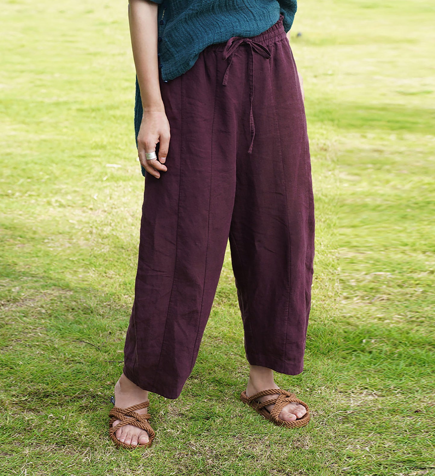 edoa Burgundy French Linen Tapered Pants
