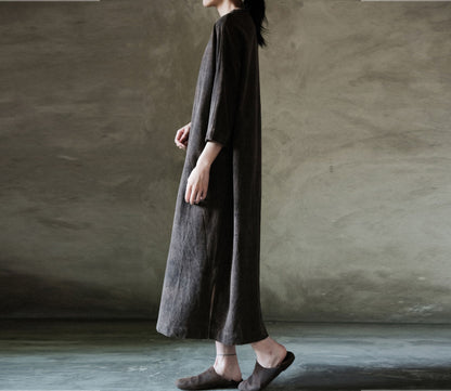 edoa Heavy Weight Mud Tussah Silk Curved Placket Spring Dress