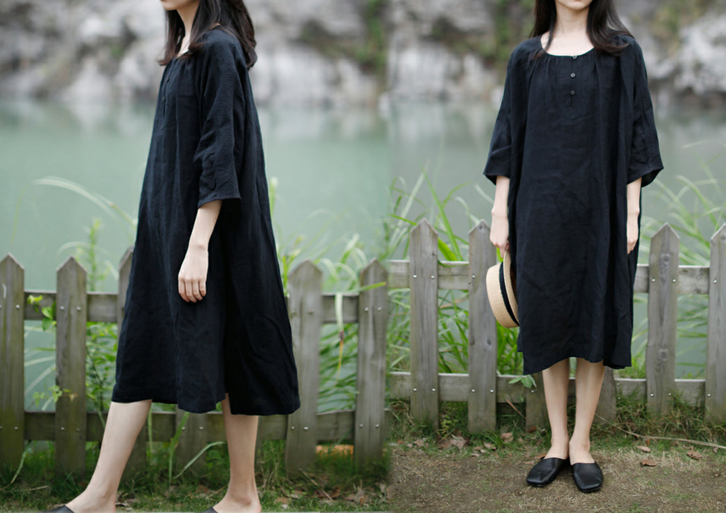 edoa 3/4 sleeves A-line Linen Tunic