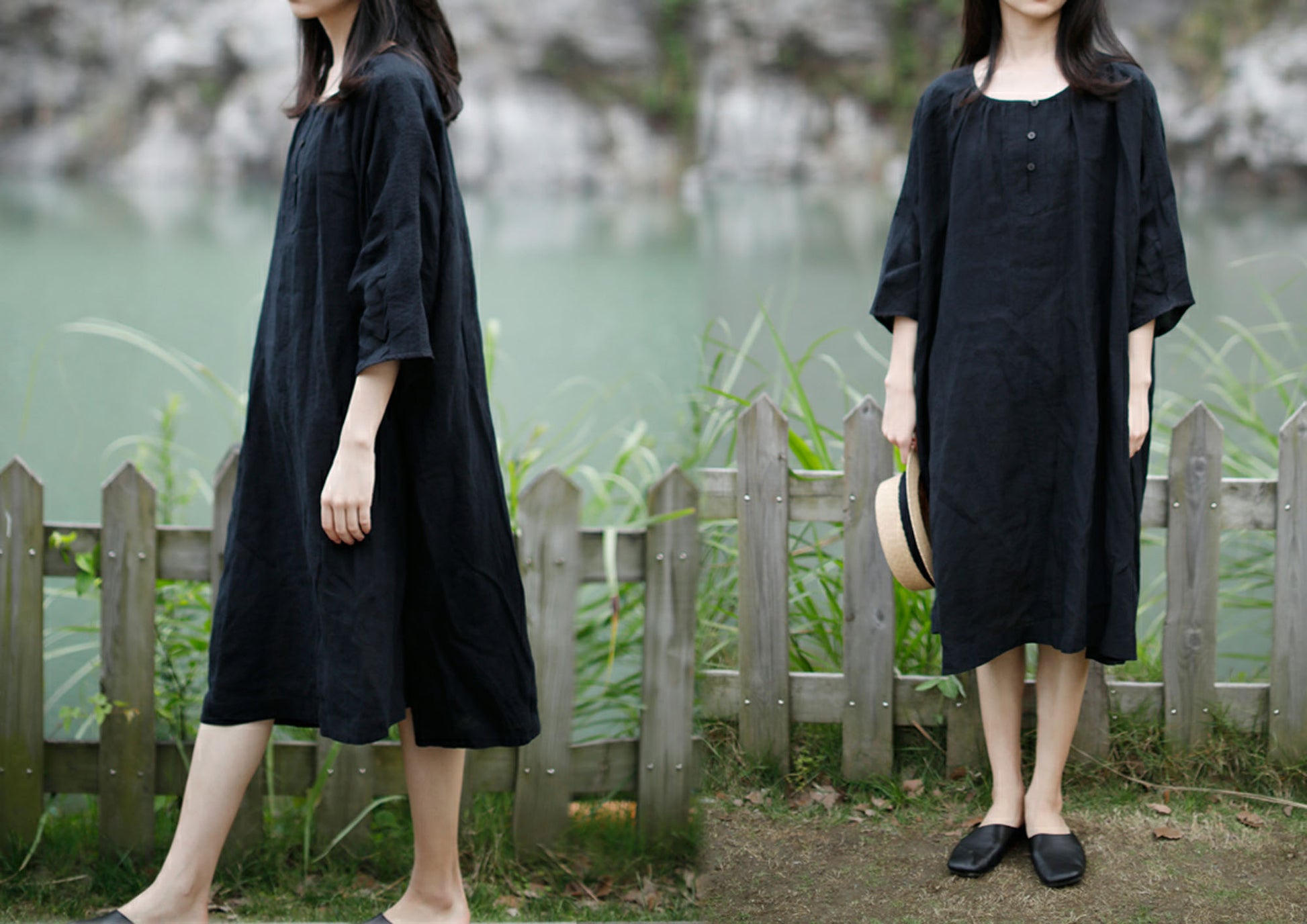 edoa 3/4 sleeves A-line Linen Tunic