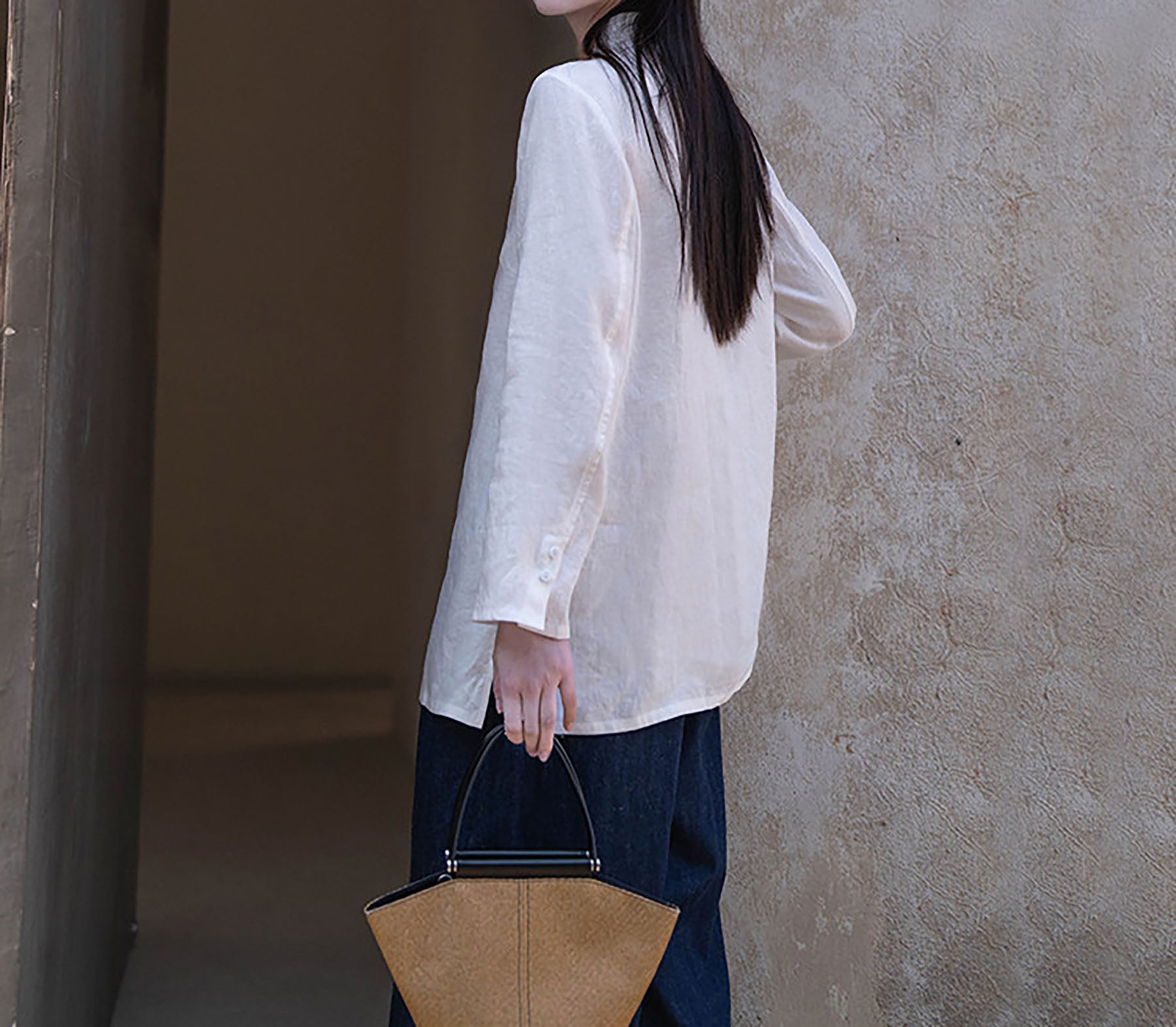 edoa White Linen Chinese Blouse with Hand Embroidery