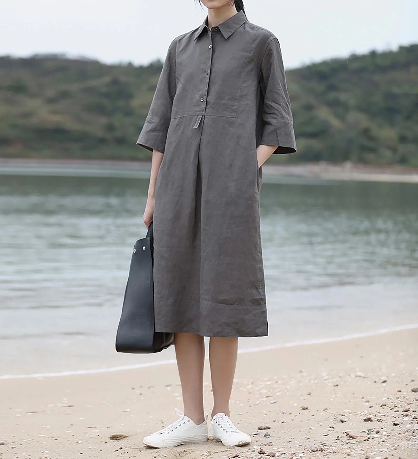edoa Elegant Linen Midi Shirt Dress 