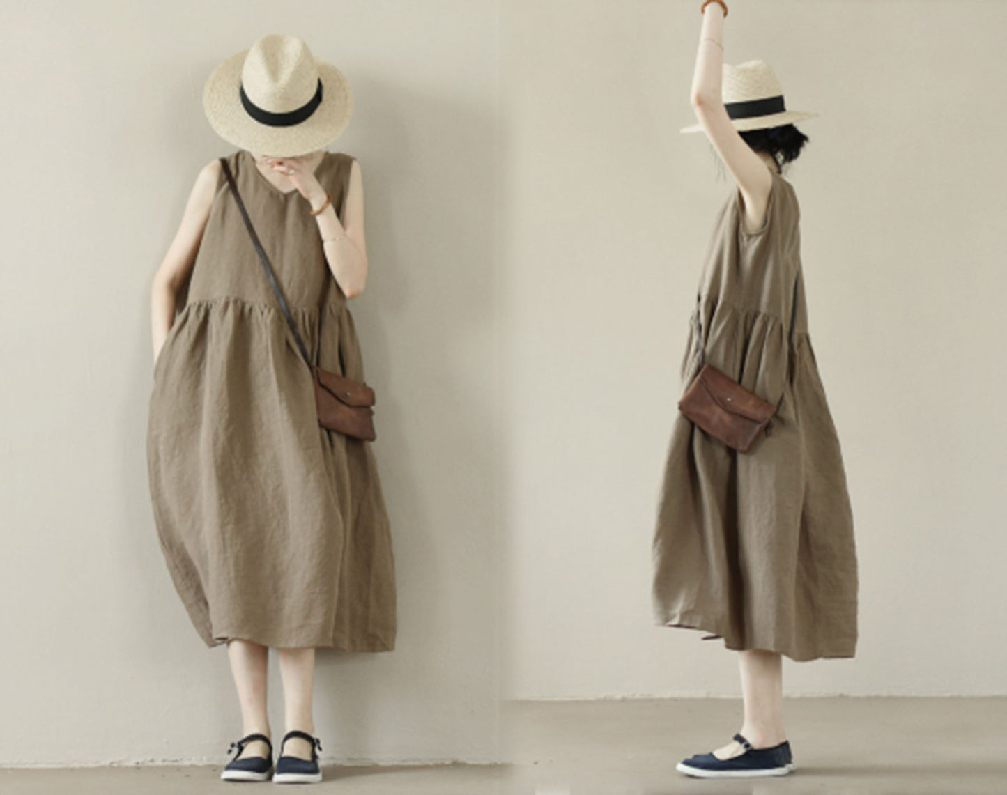 edoa Brown V-neckline High Waist Linen Sleeveless Dress
