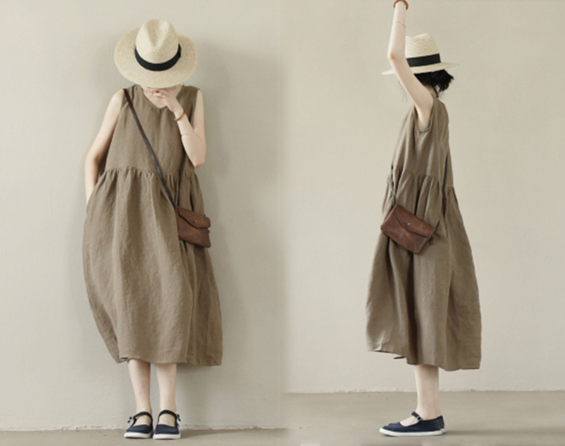 edoa Brown V-neckline High Waist Linen Sleeveless Dress