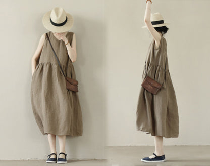 edoa Brown V-neckline High Waist Linen Sleeveless Dress