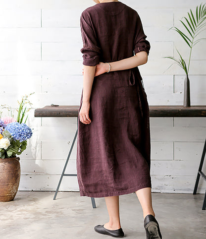 edoa Linen Wrap Dress with Hand Embroidery