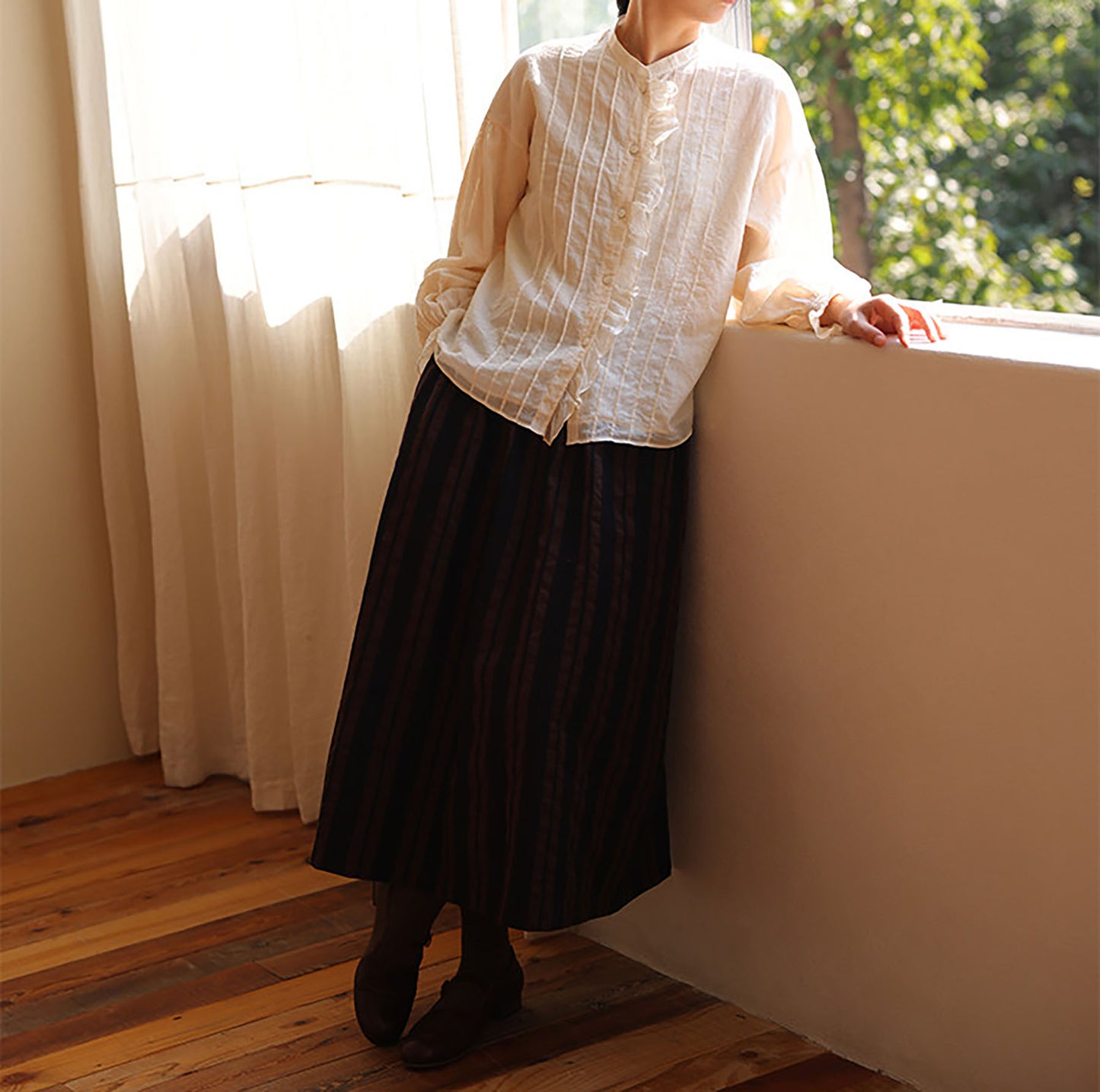 edoa Elegant Double-layer High Counted Long Staple Cotton Pintucked Ruffle Blouse