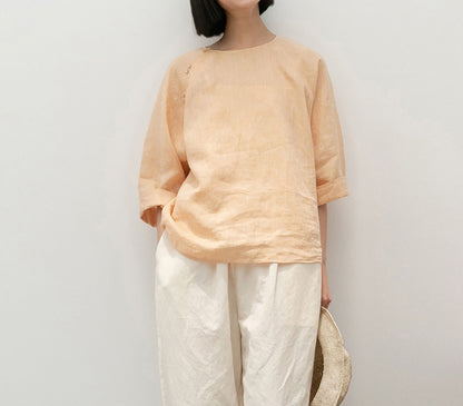 edoa  Loose Fit Yarn Dyed Linen Chinese T-shirt