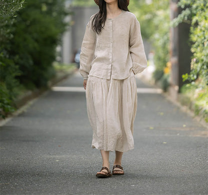 edoa Flax Linen Artist Blouse with Elastic Cuff 