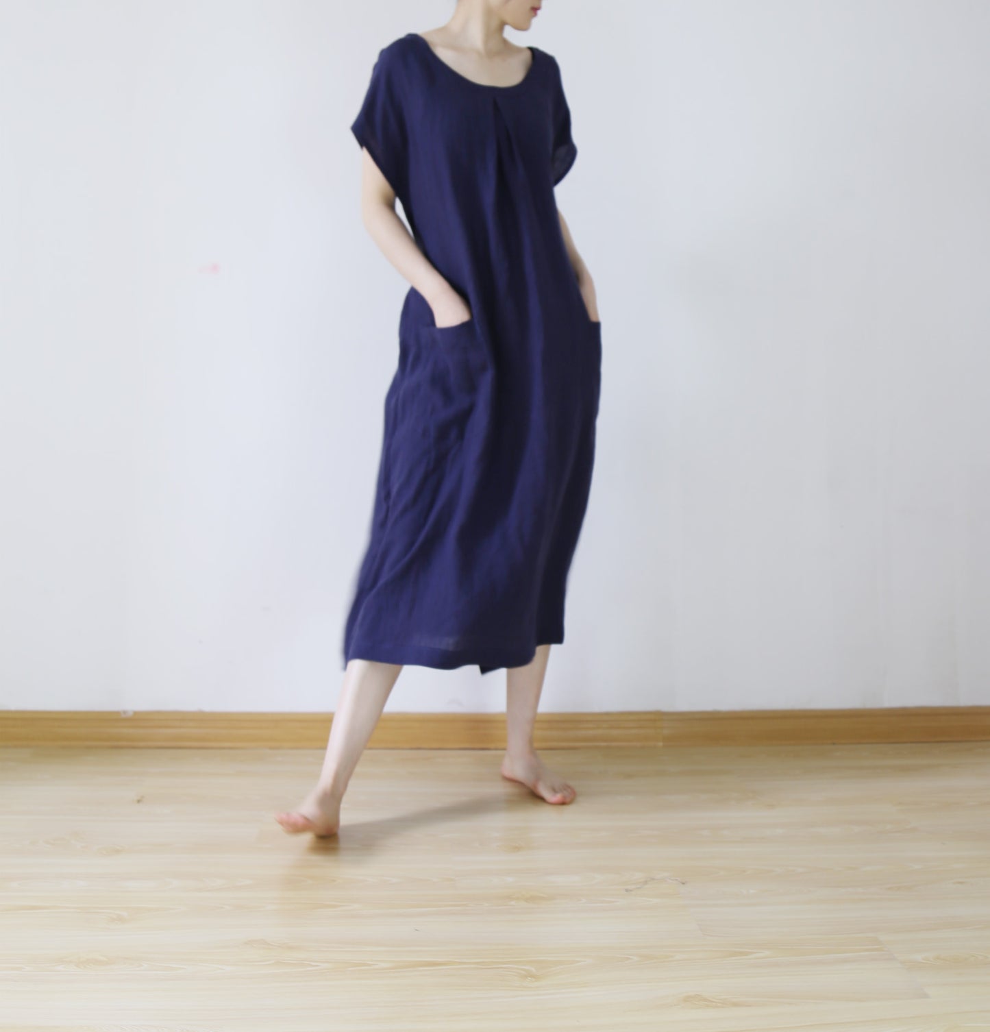 edoa Plus Size Navy Blue Washed Linen Dress 