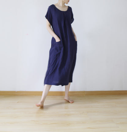 edoa Plus Size Navy Blue Washed Linen Dress 