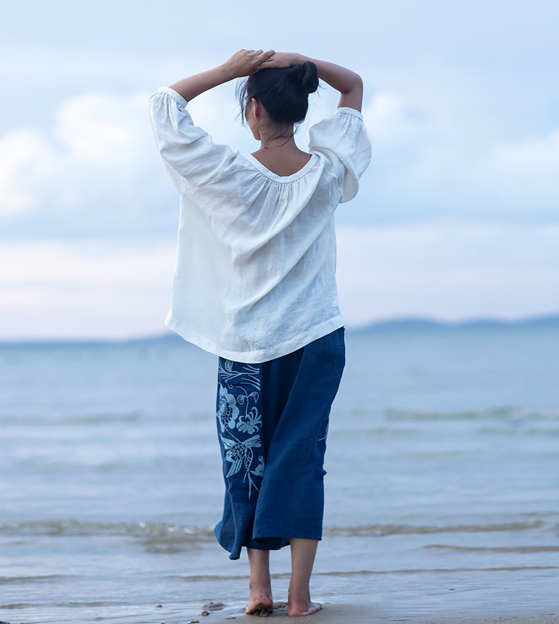 edoa Loose Fitting Linen Lantern Sleeves Gather Blouse