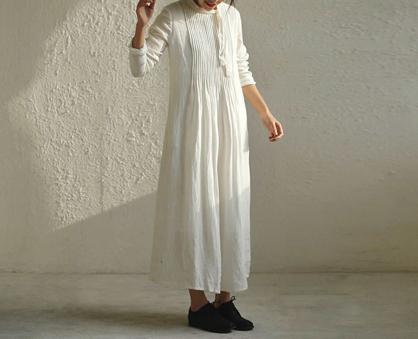 edoa Pintucked Ribbon Collar Distressed Crinkled Linen Dress