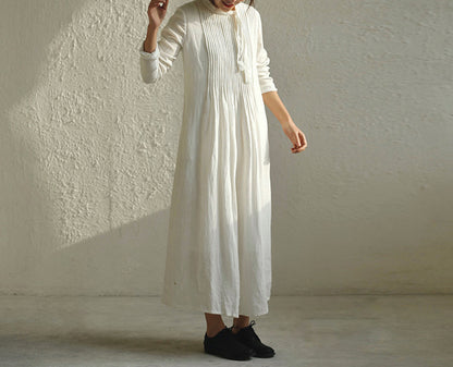 edoa Pintucked Ribbon Collar Distressed Crinkled Linen Dress