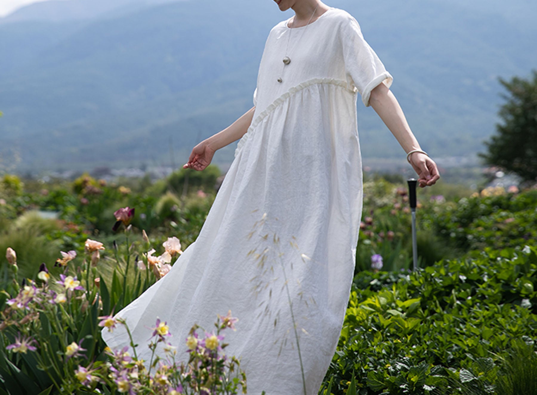 edoa High Waist Gathering Linen Maxi Dress