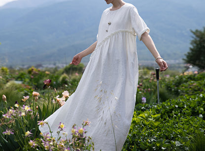 edoa High Waist Gathering Linen Maxi Dress