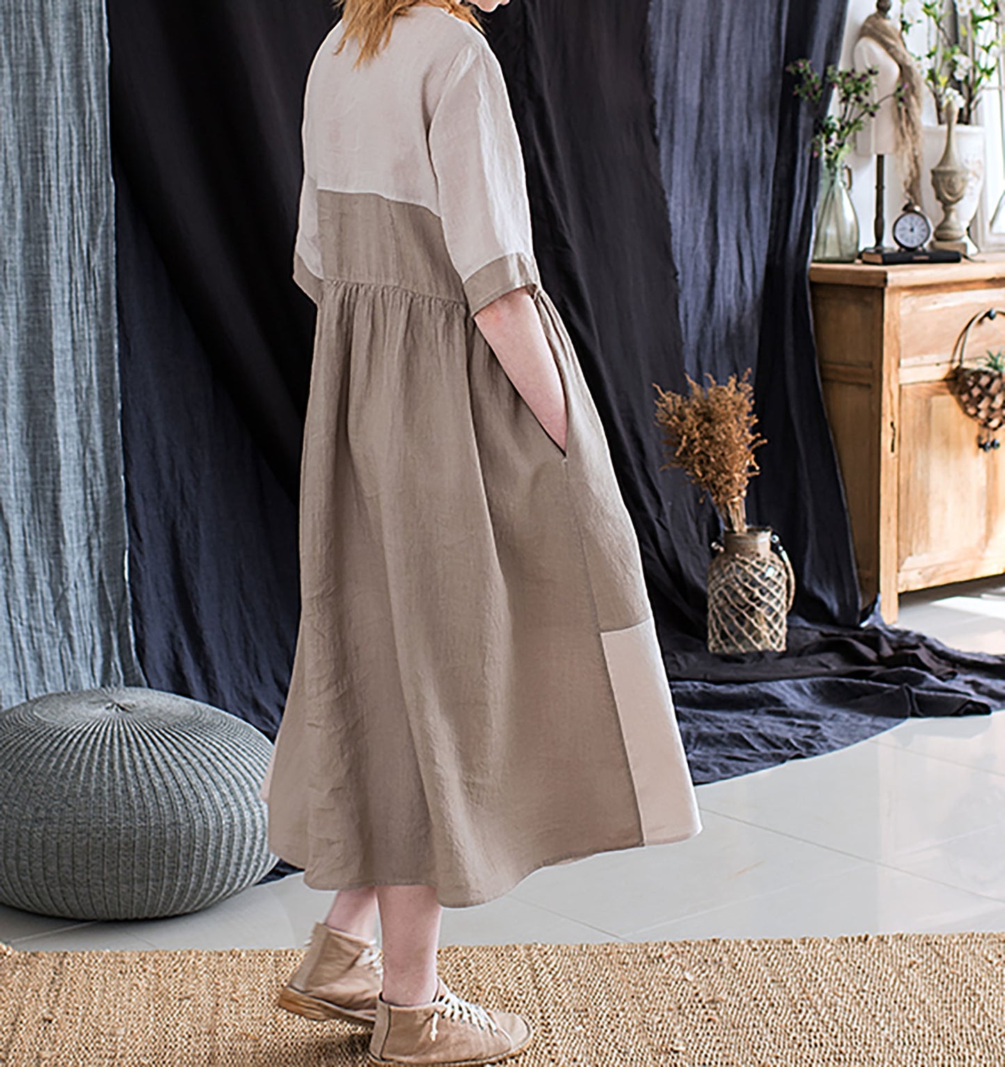 edoa Nordic Forest Series Linen Earth Tone Patchwork Half-Sleeve Dress