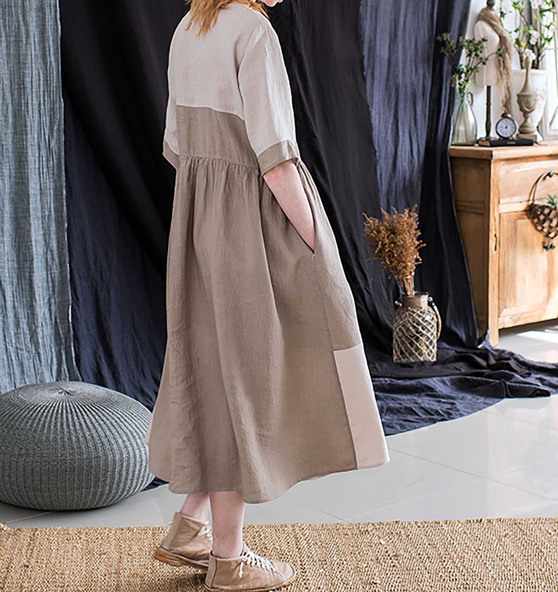 edoa Nordic Forest Series Linen Earth Tone Patchwork Half-Sleeve Dress