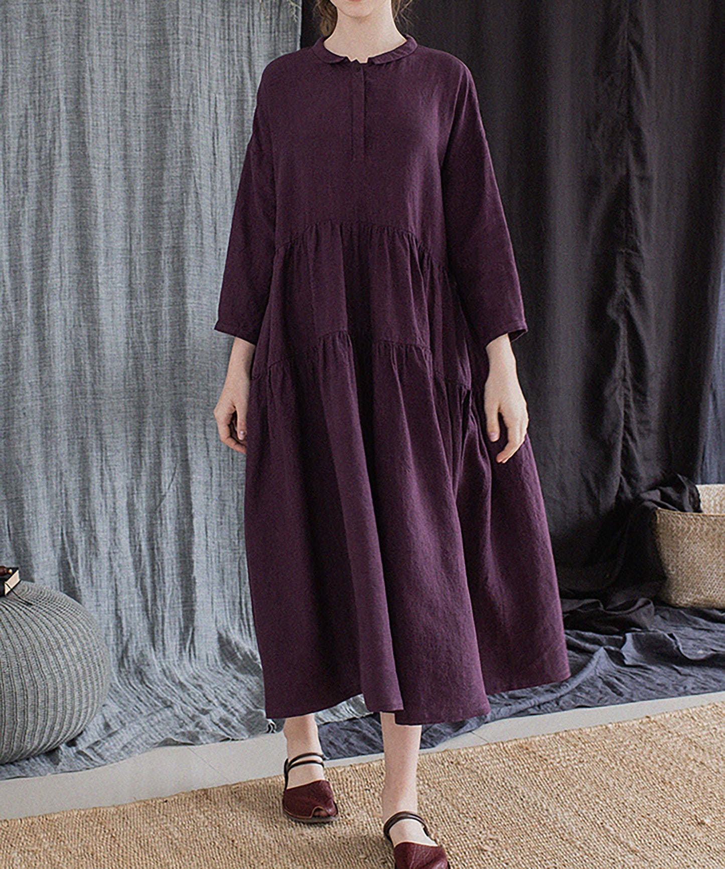 edoa Grape Purple Linen Peter Pan Collar Tiered Dress