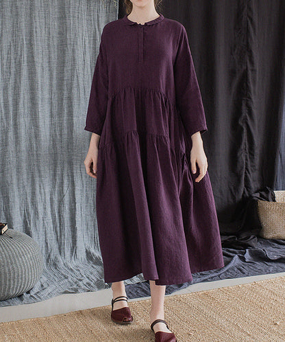 edoa Grape Purple Linen Peter Pan Collar Tiered Dress