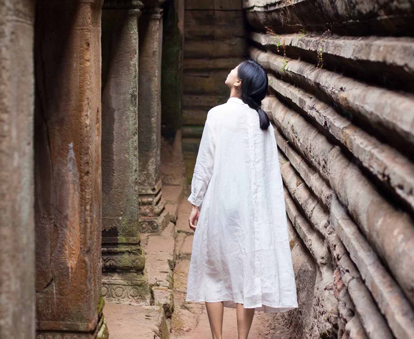 edoa White Ramie Loose Fitting A Line Shirt Dress