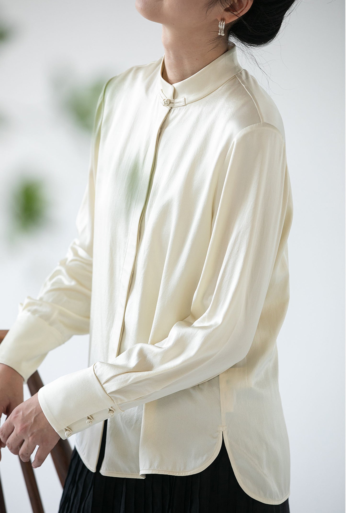 edoa Stone Washed Silk Satin Chinese Blouse 