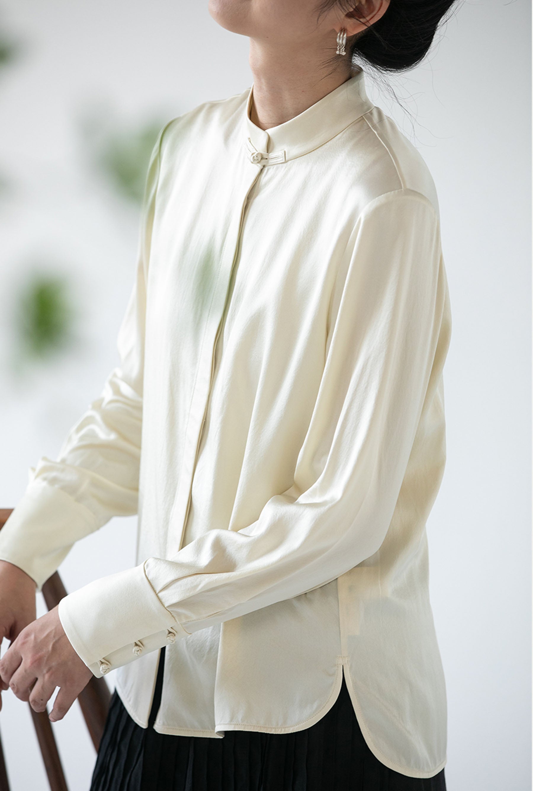 edoa Stone Washed Silk Satin Chinese Blouse 