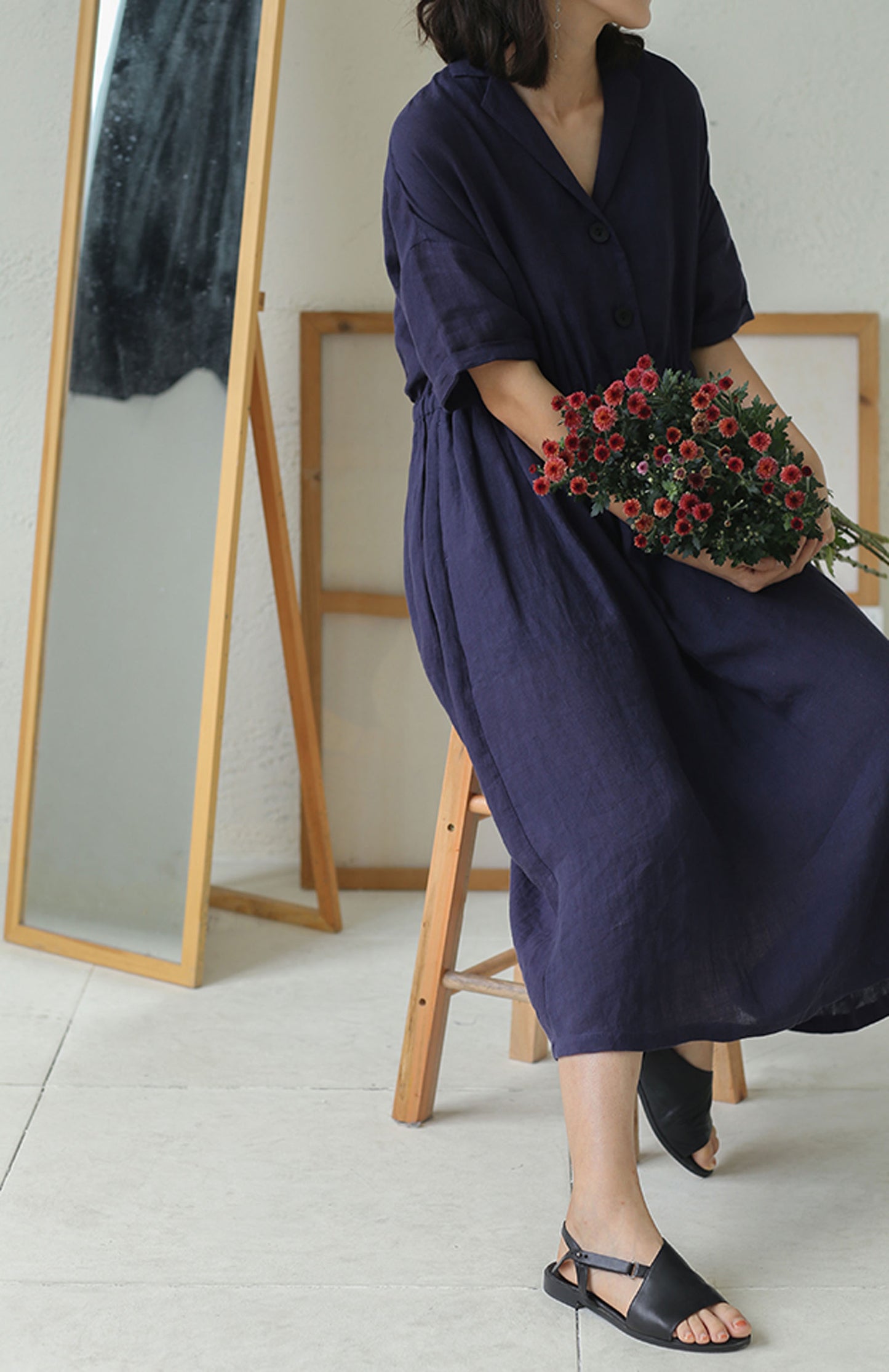edoa Loose Linen Collar Dress 