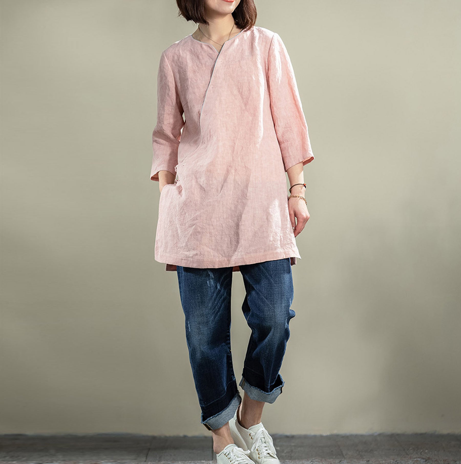 edoa Washed French Linen Qipao Top 