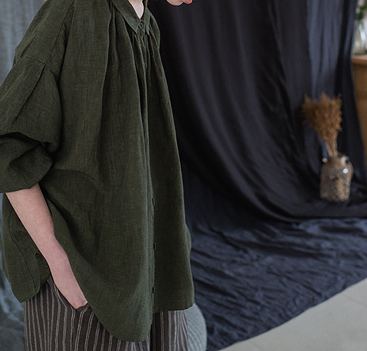 edoa Forest Green Linen Peter Pan Collar Babydoll Shirt