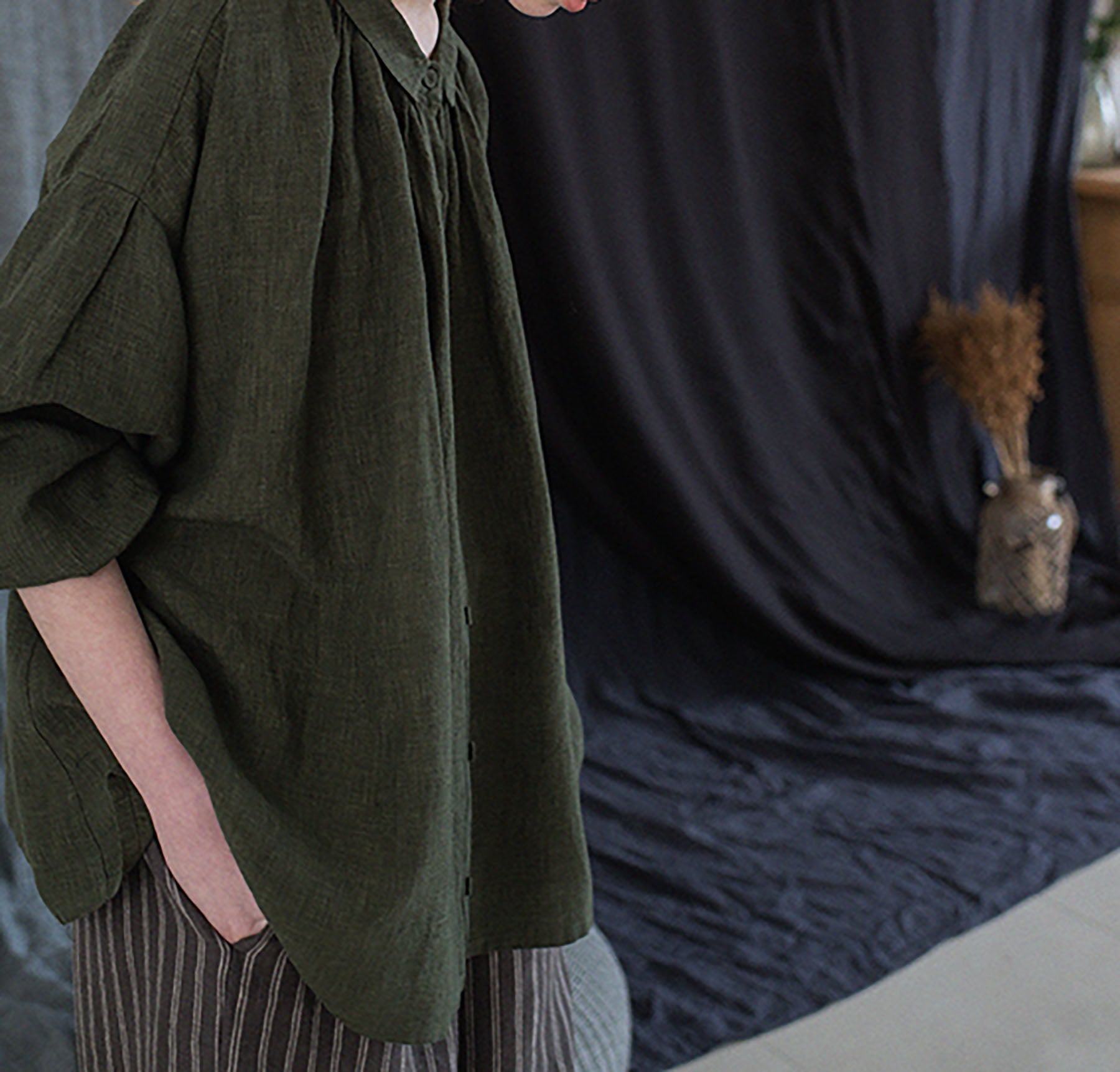 edoa Forest Green Linen Peter Pan Collar Babydoll Shirt