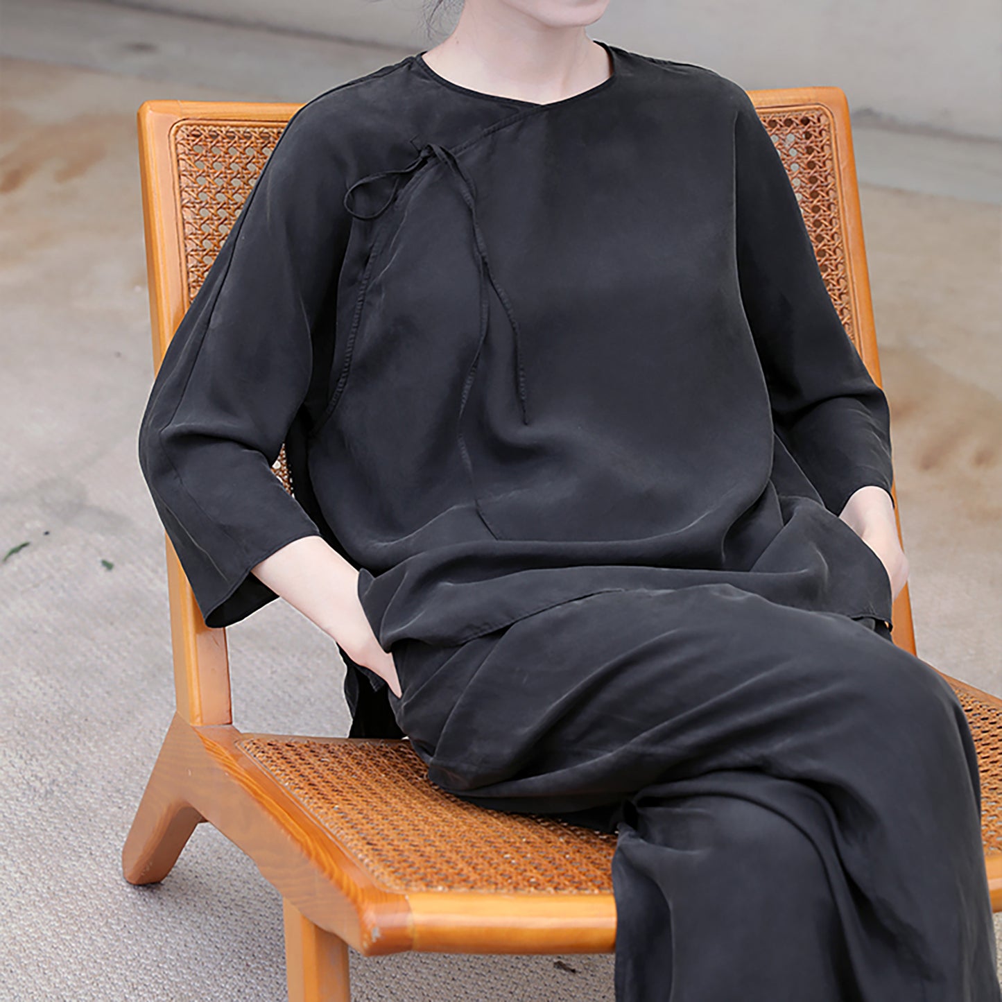 edoa Black Sand Washed Mulberry Silk Habotati Chinese Blouse