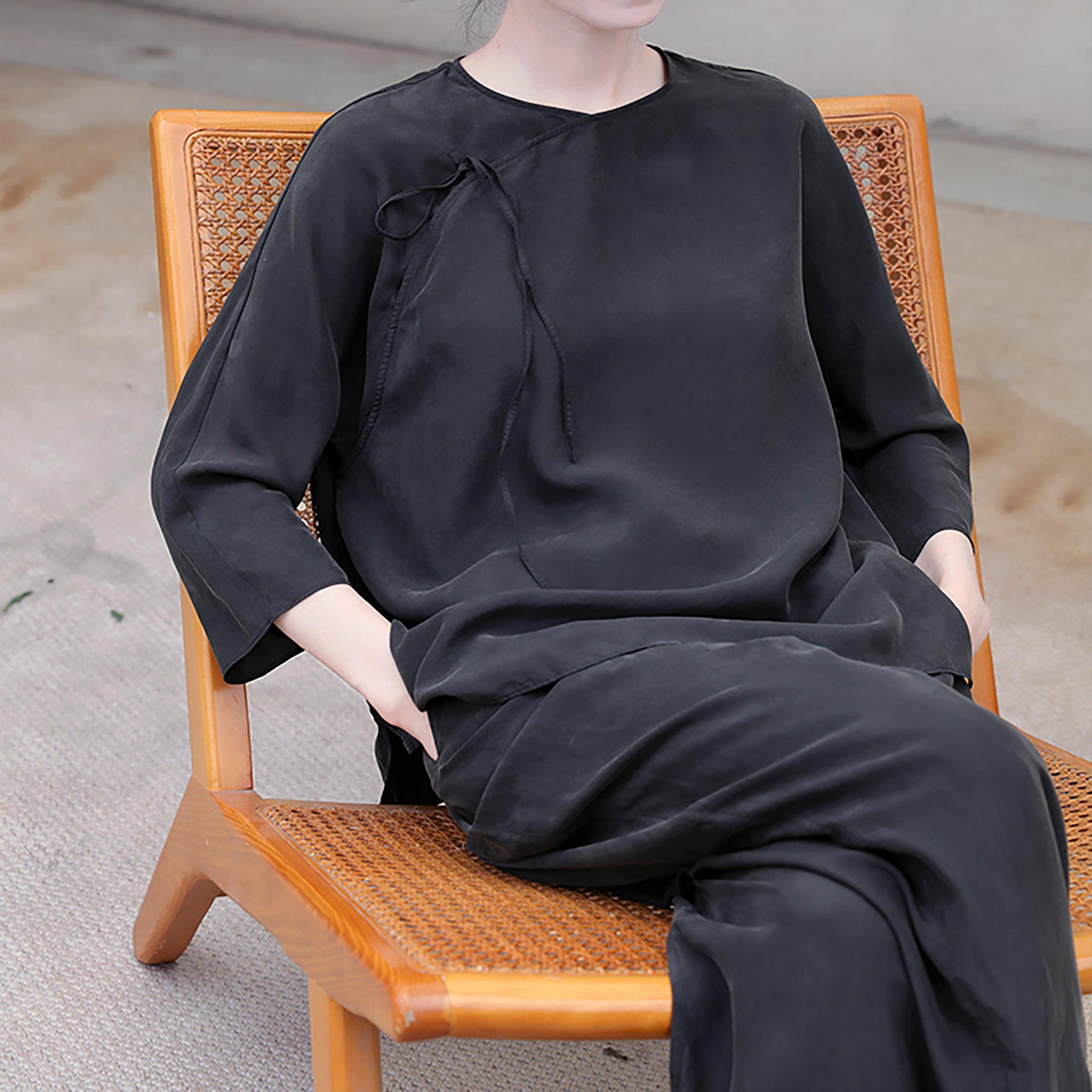 edoa Black Sand Washed Mulberry Silk Habotati Chinese Blouse