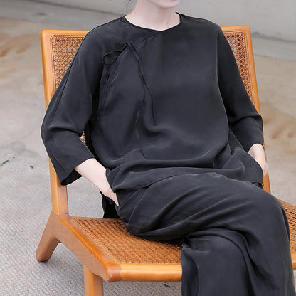 edoa Black Sand Washed Mulberry Silk Habotati Chinese Blouse