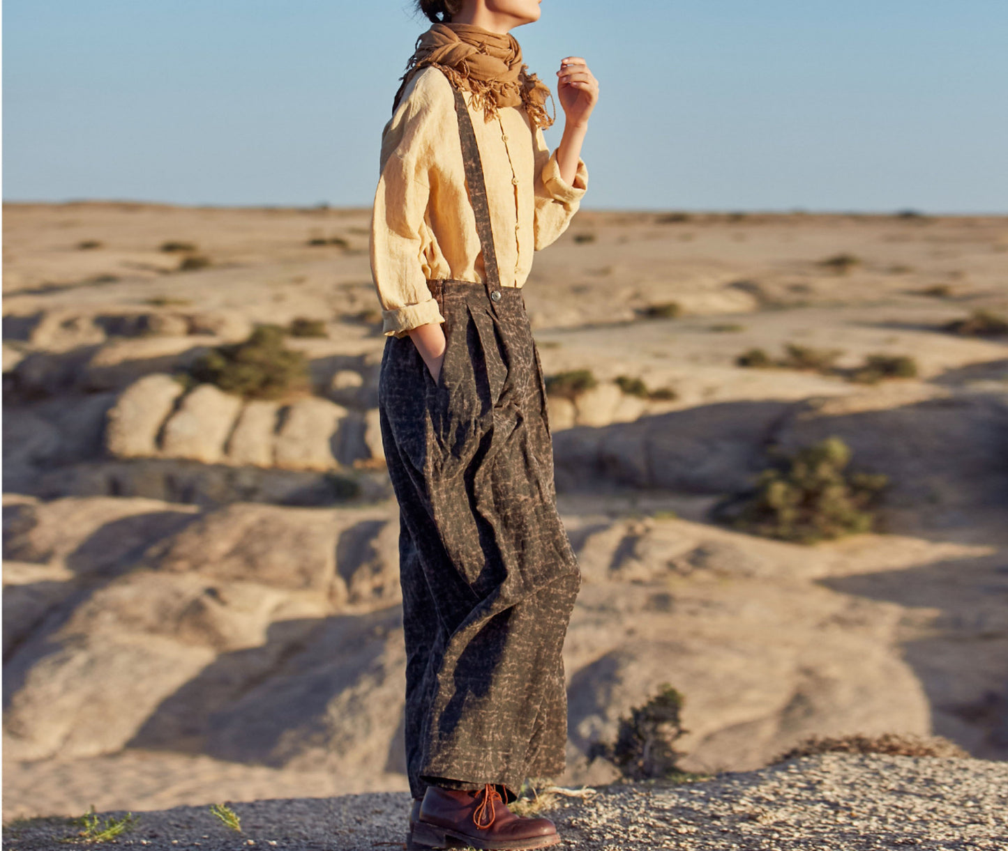 edoa Cracked Mud Silk Adjustable Suspender Pants 