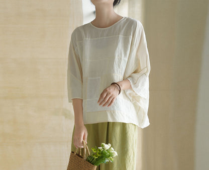 edoa Linen and Tussah Silk Patchwork Blouse
