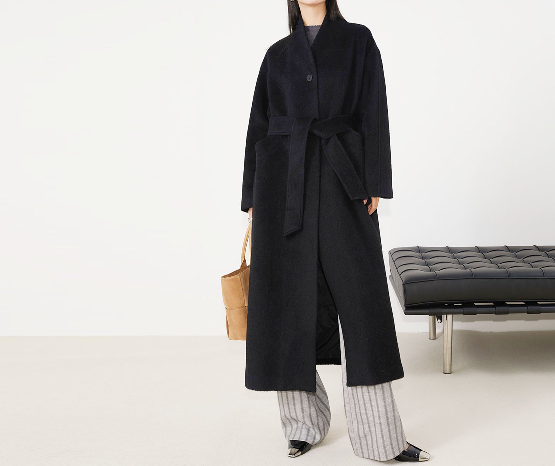 edoa Suri Alpaca V-neck Belted Wrap Maxi Coat 