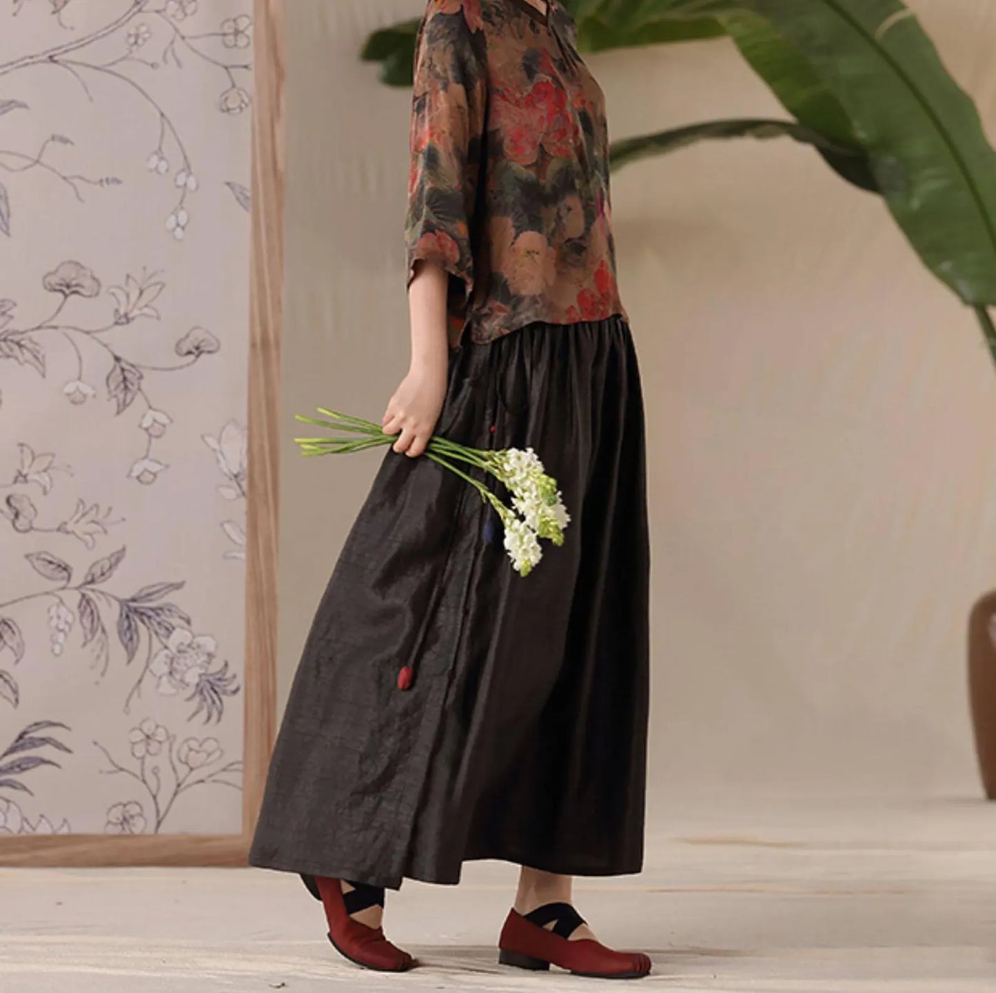 edoa Cracked Mud Silk Patchwork Maxi Skirt