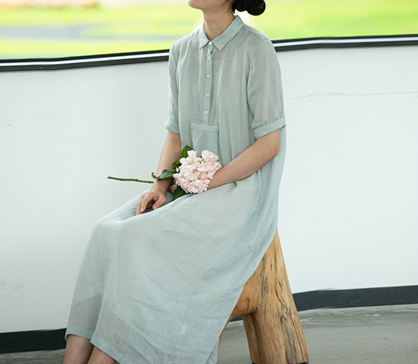 edoa High Counted Ramie A-line Shirt Dress 