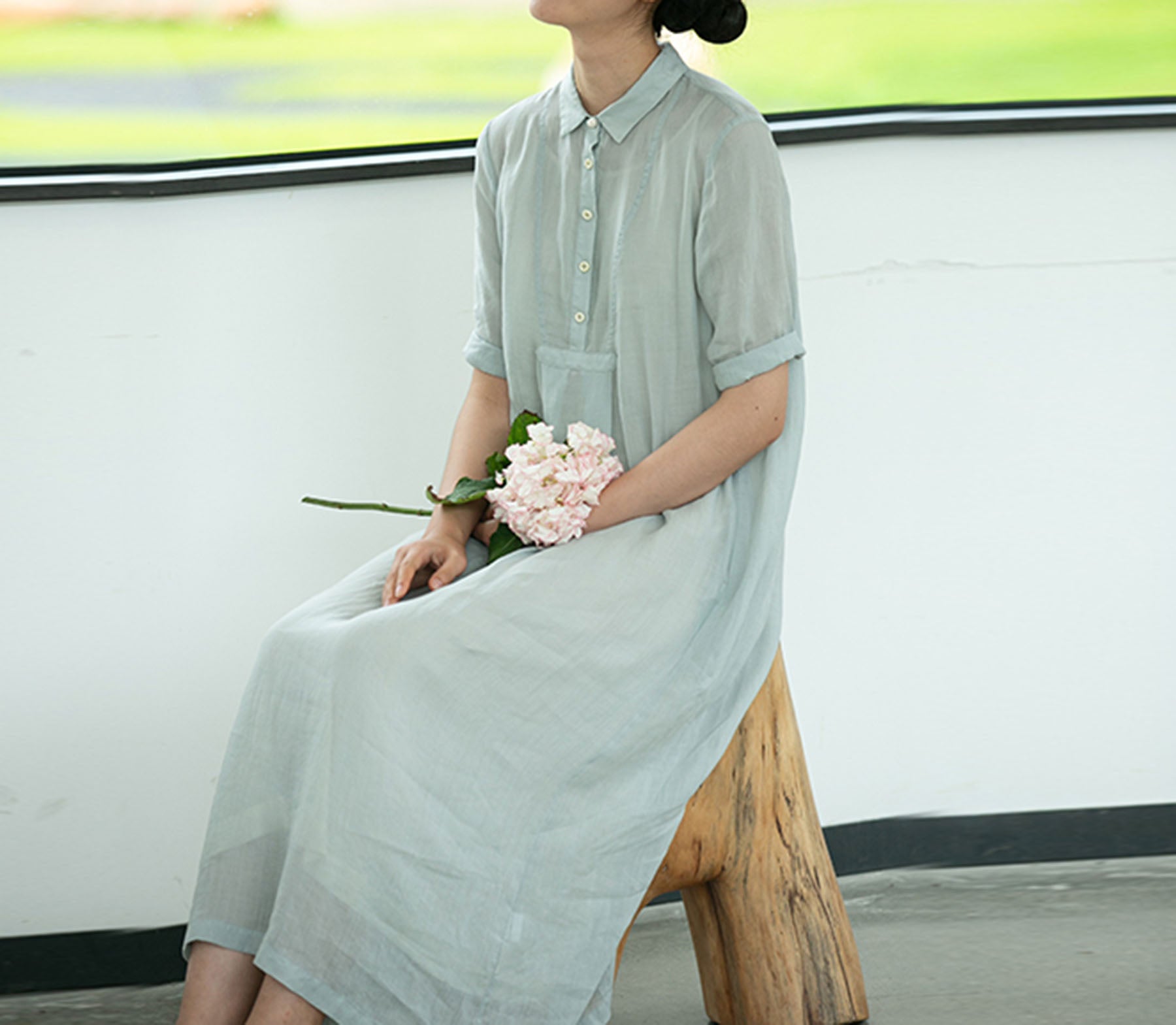 edoa High Counted Ramie A-line Shirt Dress 
